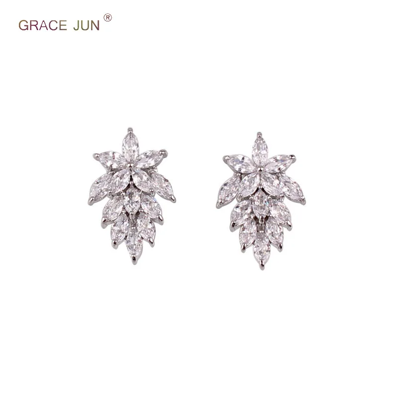 Женские серьги-клипсы без пирсинга GRACE JUN, свадебные серьги с полным кубическим цирконием, в форме цветка, листа, аксессуар