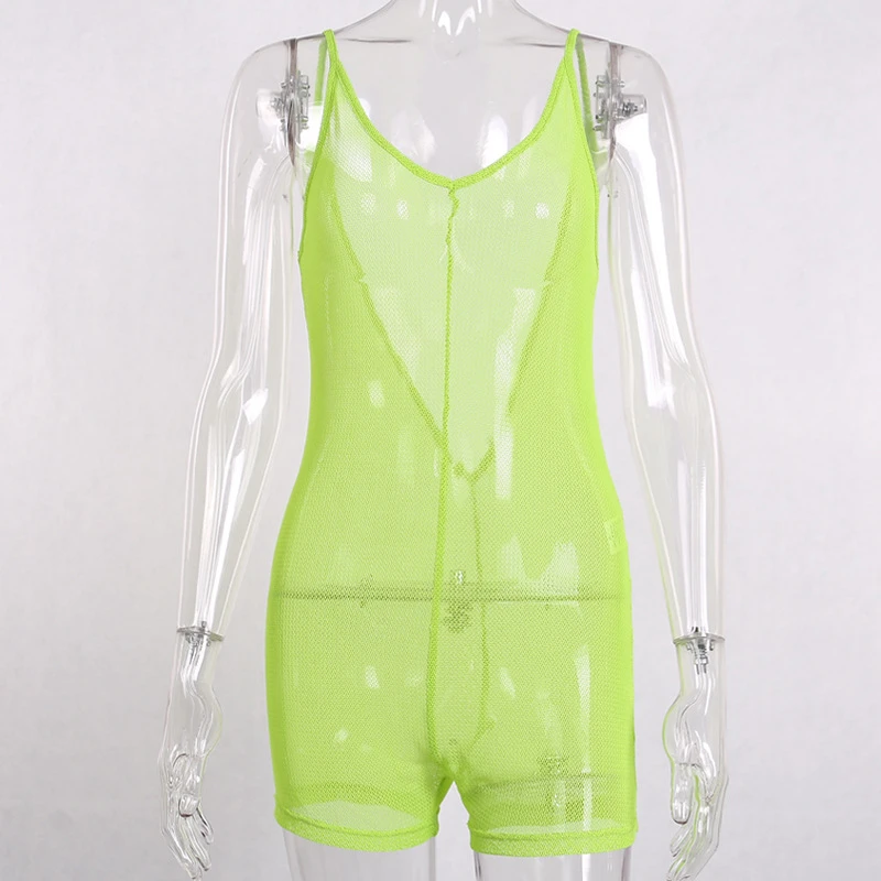Sexy Backless Fishnet Playsuit Women Summer See-Through Mesh Romper Beach Casual Playsuits Spaghetti Strap Jumpsuits Overalls | Женская