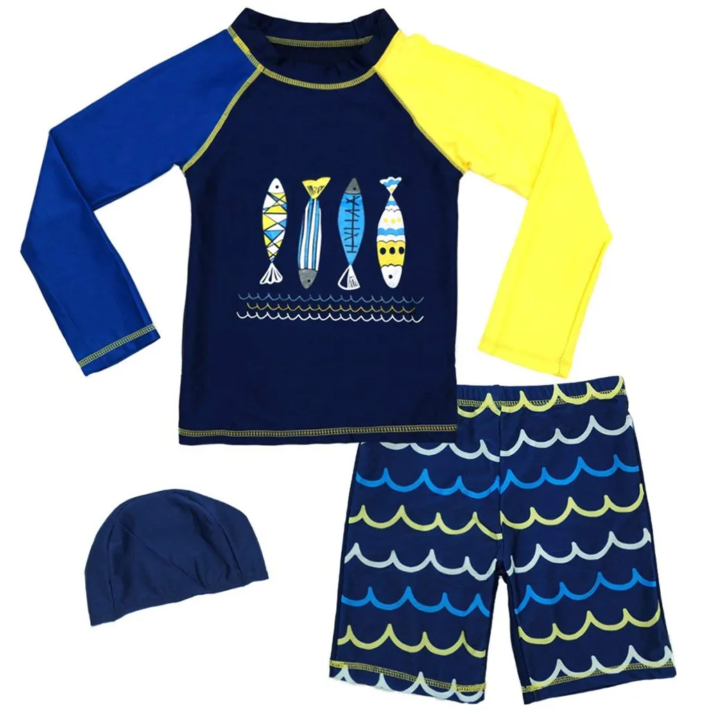 Kids Clothes Boys Girls Cartoon Fish Tops+Wave Shorts+Hat Sunsuit Swimwear Baby Sets Vestiti Bambina |