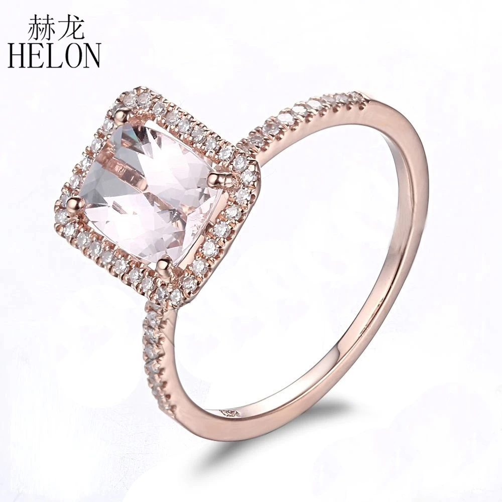 Helon SOLID 14 К розовое золото 8x6 мм Подушки с 1.12ct Morganite Pave 0.2ct Природные Алмазы изящных драгоценных камней кольцо для Для женщин ювелирные изделия