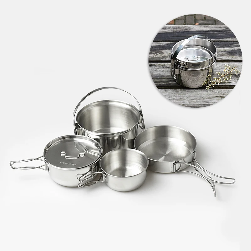 Beste Roestvrij Staal Kookgerei Set Pot Outdoor Draagbare Keukengerei Bestek Kit Mesh Bag Camping Wandelen Picknick Koken Tool Sets