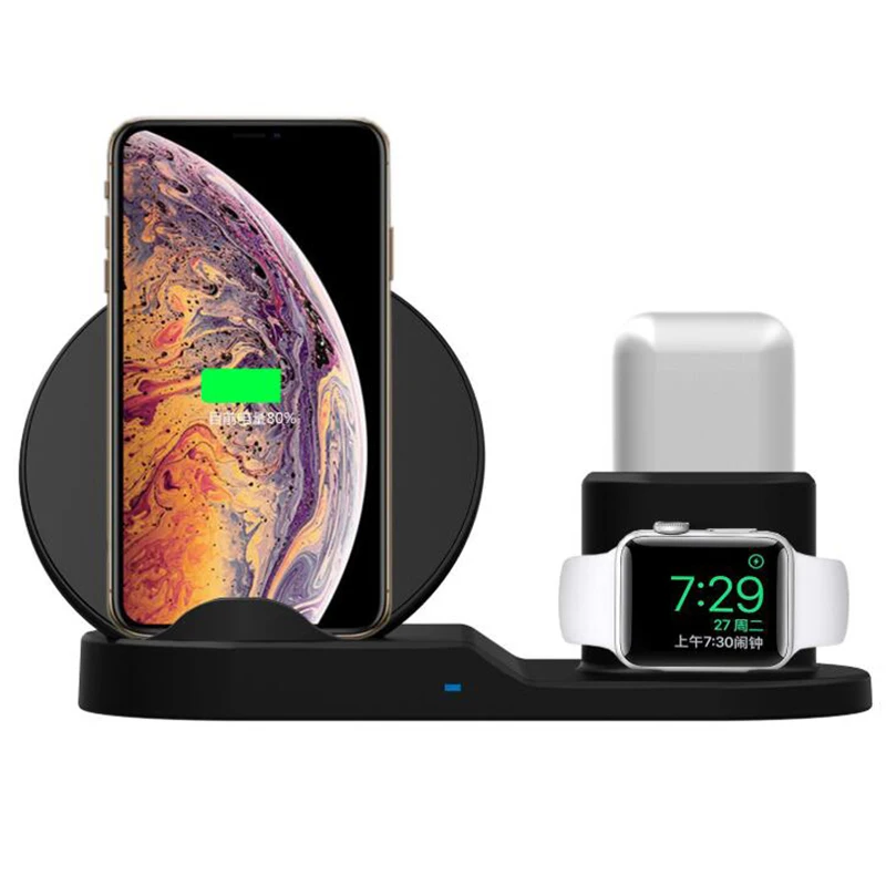 

Беспроводное зарядное устройство 3 в 1 для AirPods Apple Watch 2 3 4 QI, подставка для IPhone 8Plus X 11Pro XS Max XR, беспроводная зарядная док-станция