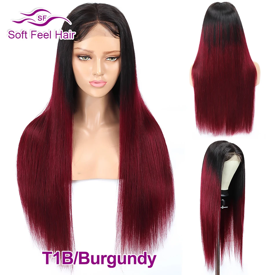 Soft Feel Hair 4x4 Омбре бразильские прямые кружева закрытие парик блонд Remy бордовый Кружева Закрытие человеческих волос парики для черных женщин