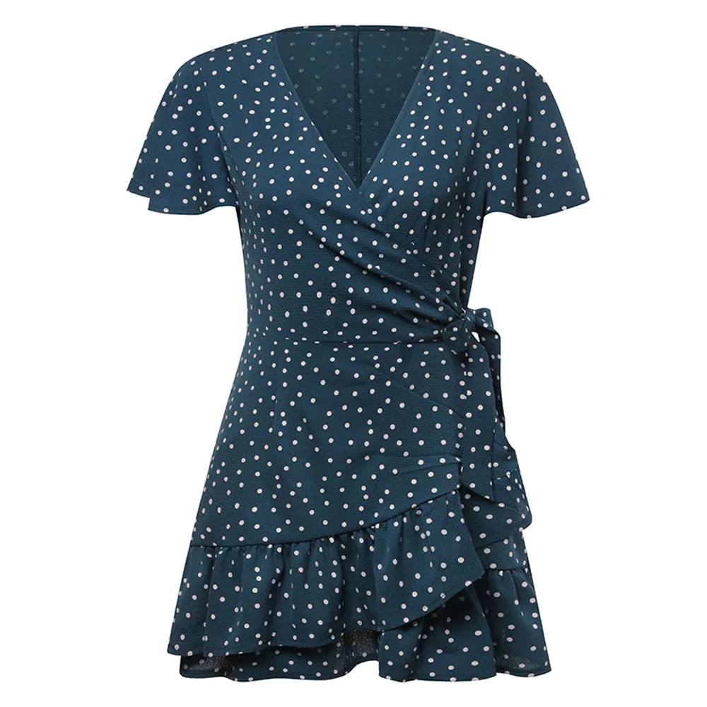 2019 Fashion Summer Women Dot Floral Flare V Neck Bow Ruffles Bohemian Party Short Dress Sundress Vestido de las mujeres | Женская