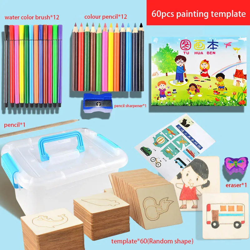 60Pcs Set 60 шт доска школьная Краски инструменты Развивающая книжка-раскраска учиться рисовать раскраски доска для рисования noard деревянные игрушки для рисования - Цвет: 60Pcs Set