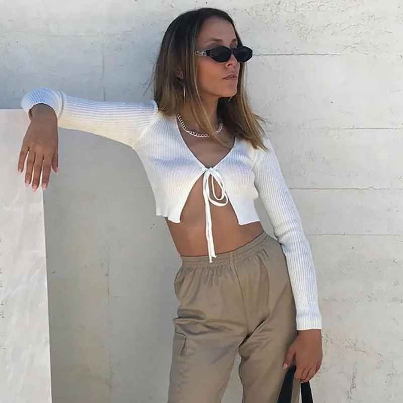 Женский облегающий укороченный топ Ursohot синий трикотажный с длинным рукавом и