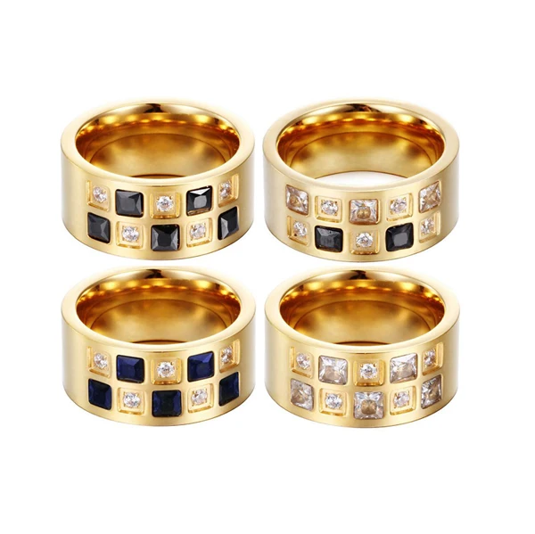 Кольцо из нержавеющей стали с кристаллами циркония 10 мм цвета: черный синий белый