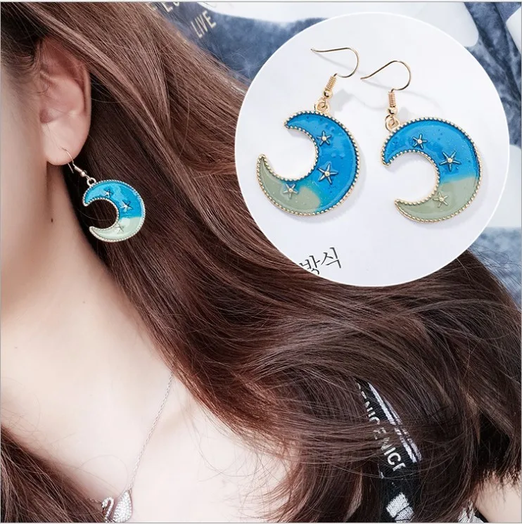 style-14 Японская и корейская мода голубая космическая Вселенная Звезда Луна Серьги планета асимметричные серьги женская серьга рождественские подарки - Окраска металла: style-14