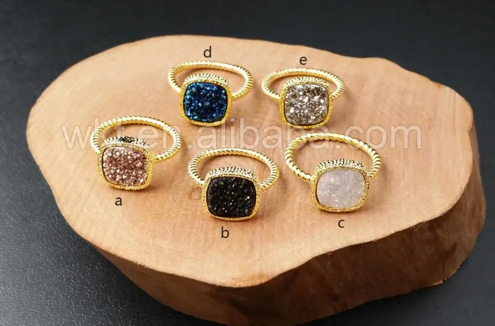 WT-R259, модные титановые кольца Druzy для женщин, ювелирные изделия, очаровательные титановые камни Друза, кольца с 24K золотом, гальванические женские кольца - Цвет основного камня: multi