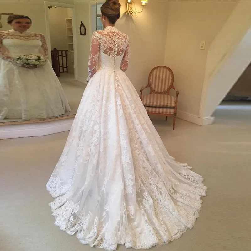 Luxurious High Neck Lace Wedding Dresses with Long Sleeves Button Back Sweep Train Bridal Gowns Quality | Свадьбы и торжества