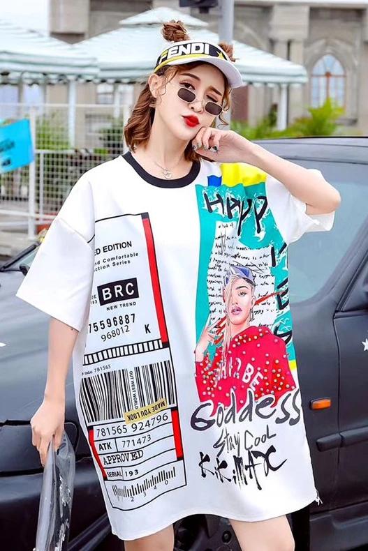 

Thailand Tide brand 2019 summer T-shirt long loose chic graffiti printed beaded T-shirt fashion slim shirt missing dress