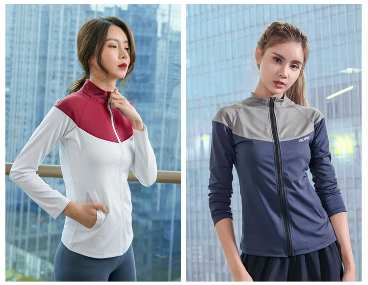FE573 куртка для бега, Спортивная рубашка для женщин, куртка для йоги, тренировки, светоотражающая полоска на молнии, одежда для фитнеса, спортивная одежда для спортзала, Топ