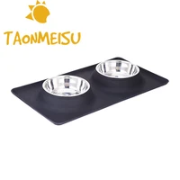 stainless steel double bowl comedero travel feeding water bowl non skid silicone mat for pet dog cat puppy food water dish