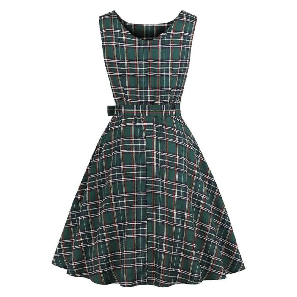 Женское винтажное платье в клеточку летнее без рукавов с высокой талией вечернее