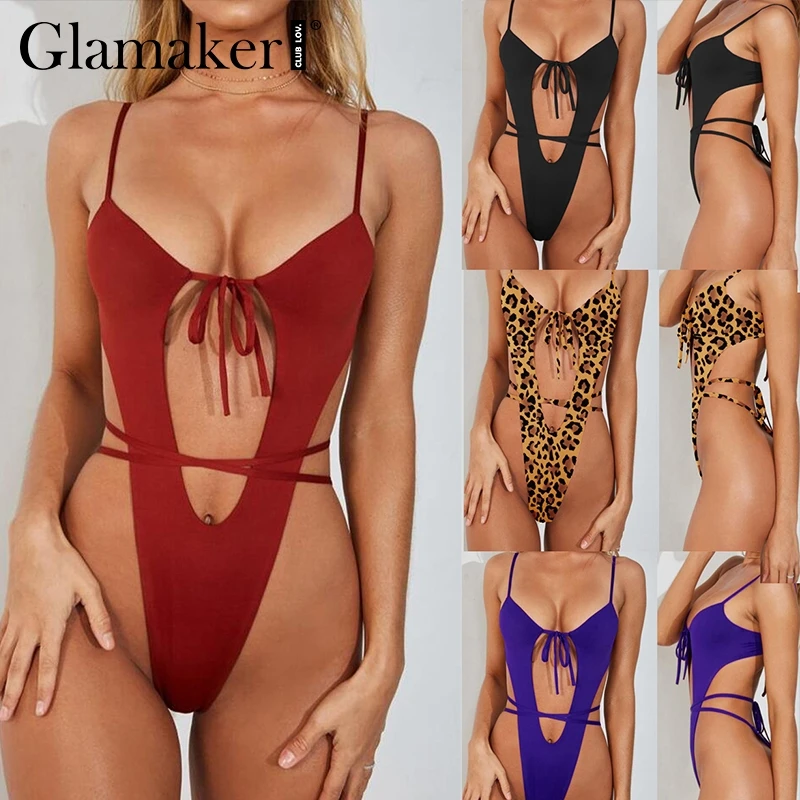 Женское Бандажное боди с леопардовым принтом Glamaker цельное открытой спиной лето