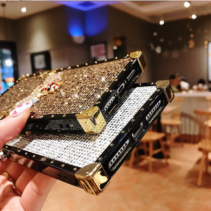fashion rivet square bling glitter lanyard phone case for samsung galaxy a50 a70 a10 a20 a30 m30 m20 m10 j6 j4 plus back cover free global shipping