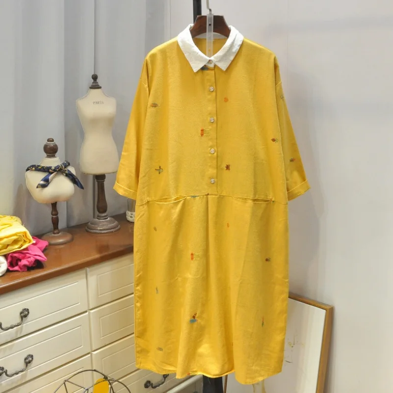 Embroidery Shirt Dress Autumn Long Sleeve Knee Length Loose for Women | Женская одежда