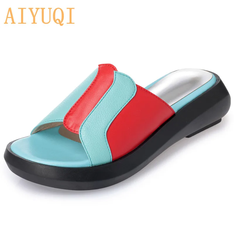 Light blue AIYUQI Для женщин шлёпанцы для женщин летние Для женщин сандалии натуральная кожа смешанные цвета, плоский, повседневный стиль, на платформе, с открытым носком; женские ботинки - Цвет: Light blue