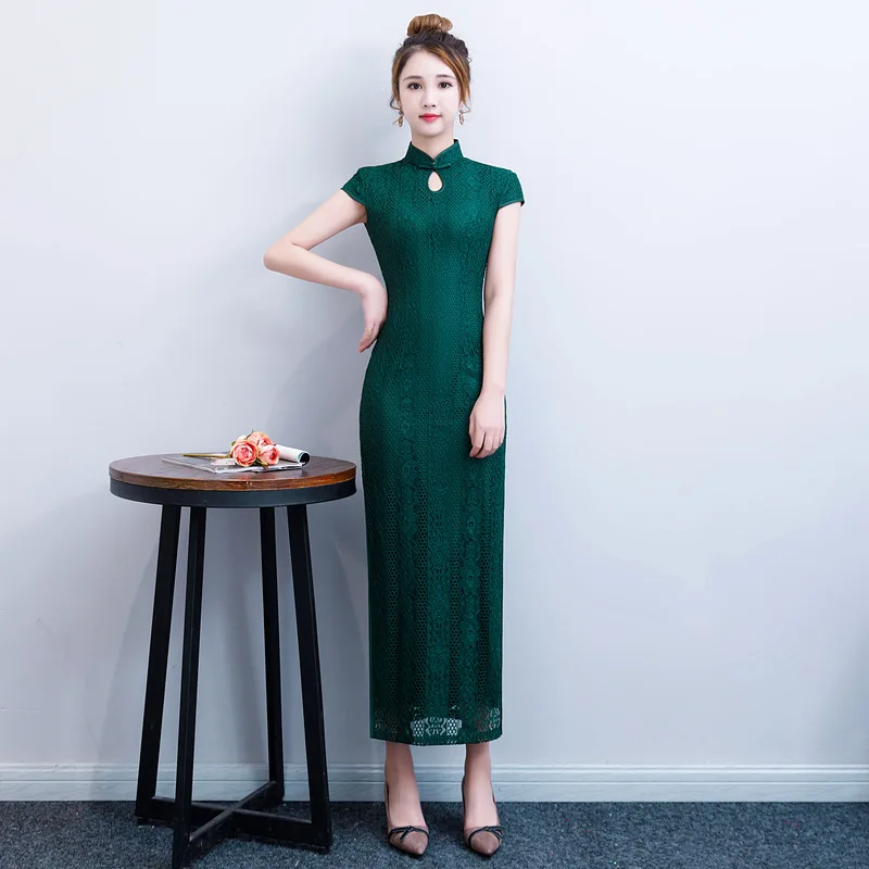 

2019 Summer Long Cheongsam Novelty Chinese style Dress Womens Lace Qipao Slim Party Dresses Lady Button Vestido Size S-XXXL