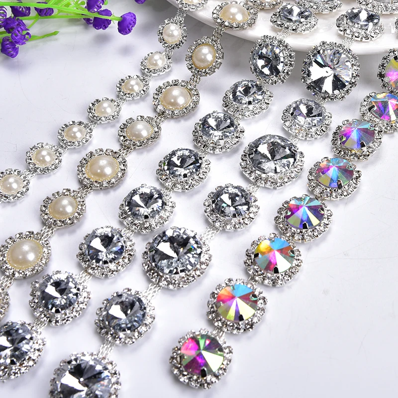 

AAAAA Glass Rhinestone Trim Pearl Clear Crystal AB Stone Flower Chain Wedding Decoration Diy Banding Garment Shoes Accessories