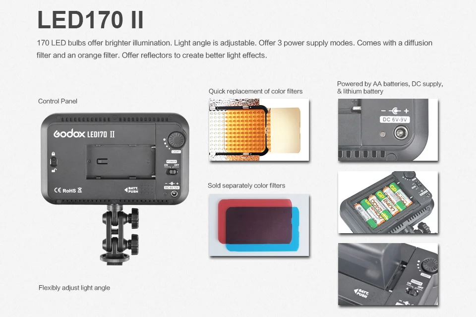 Godox LED170 II Dimmable 5500-6500K видео светильник лампа для камеры видеокамеры фото фотографии светильник ing