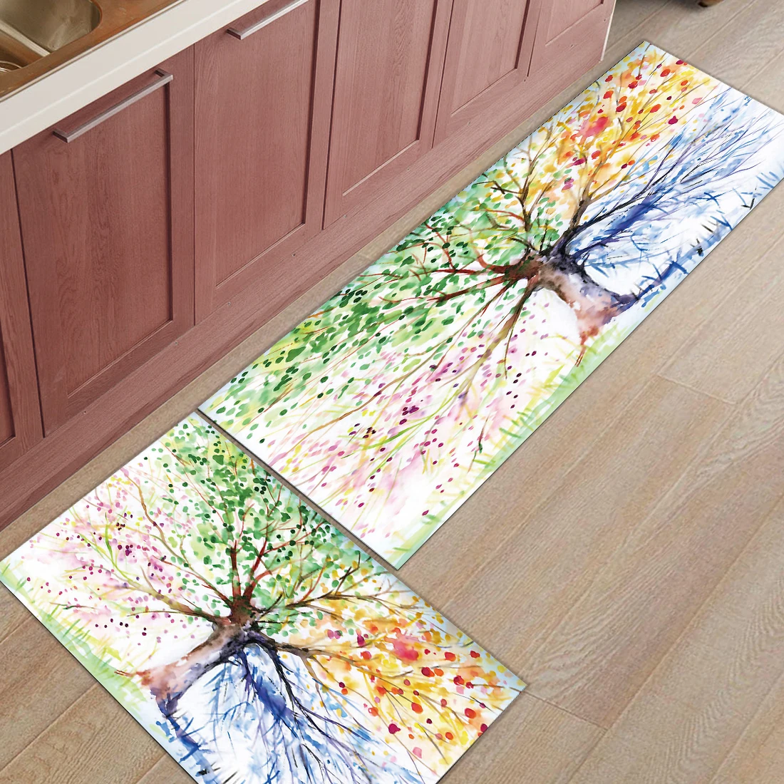 2pcs/set Colorful Watercolor Spring Life Tree Doormat Entrance Front Door Rug Bathroom Kitchen Carpet Anti-Slip Floor Mats | Дом и сад