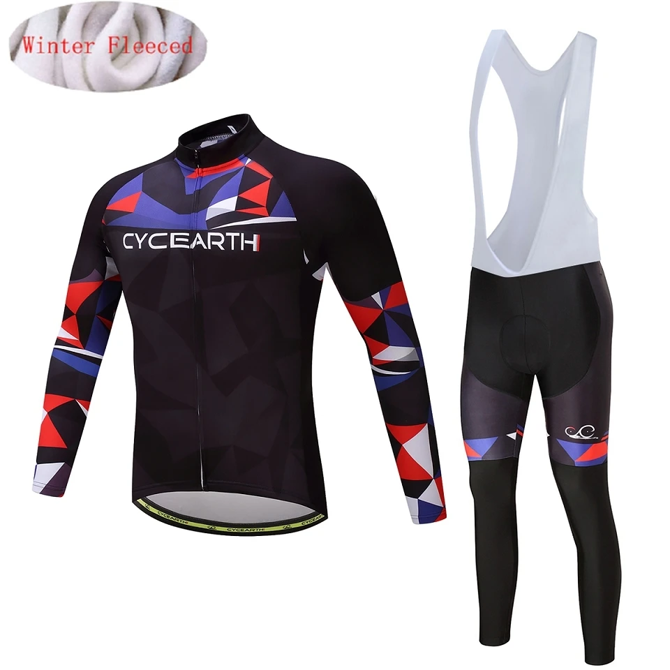fleece bib set Зимний комплект одежды для велоспорта из теплого флиса, CYCEARTH, Мужская теплая трикотажная куртка, одежда велосипедная нагрудник, брюки, Maillot Ropa Ciclismo - Цвет: fleece bib set