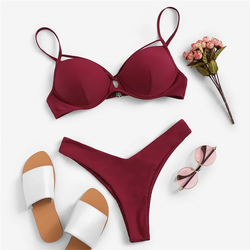 Burgundy Romwe, спортивный, бордовый, Одноцветный, крест-накрест, на косточках, топ с высокой талией, бикини, набор для женщин,, летний, сексуальный, пуш-ап, пляжный купальник - Цвет: Burgundy
