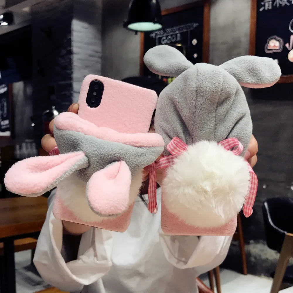 Lovely Animal Hat Cover For iPhone 6 6S 7 8 Plus X XR XS Max Fur Case Winter Warm Rabbit Pig Christmas |