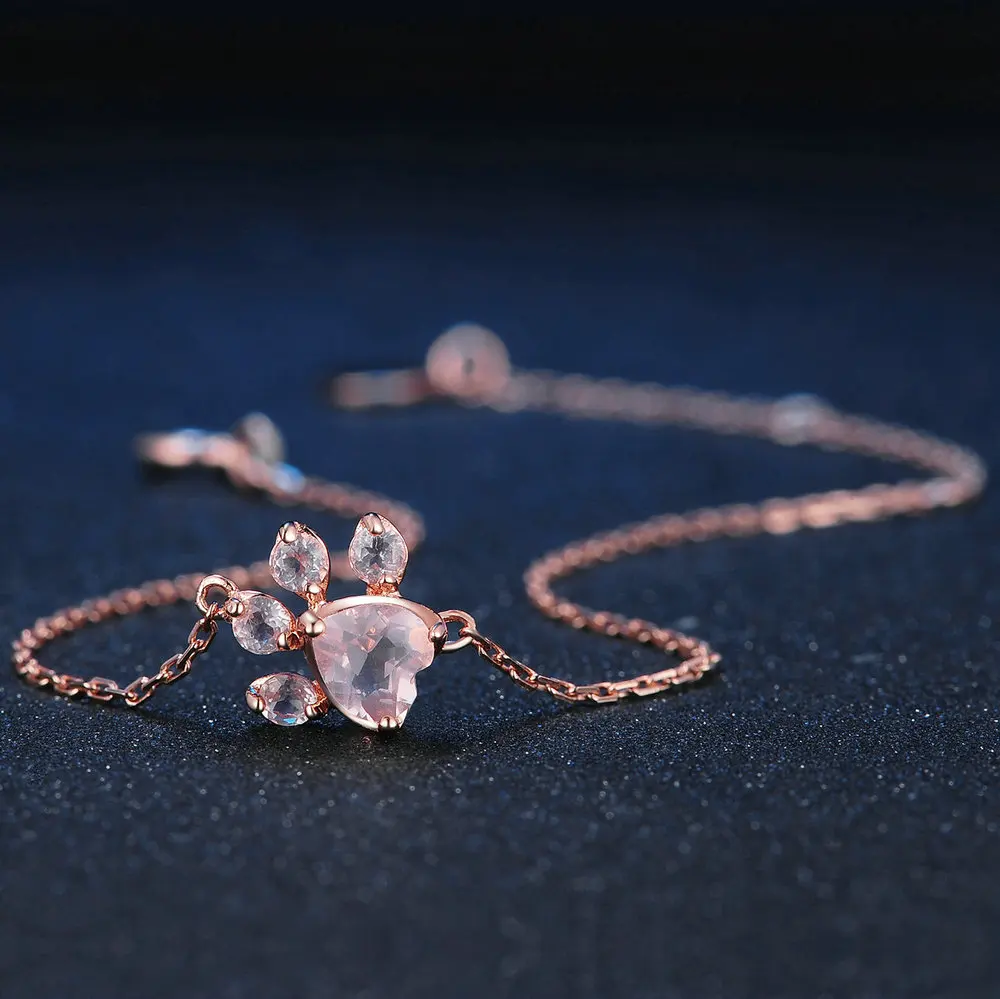 Romad 925 Sterling Silver Bracelets For Women Bear's Paw Natural Heart Pink Quartz Rose Gold Chain Charm Bracelet fine Jewelry |