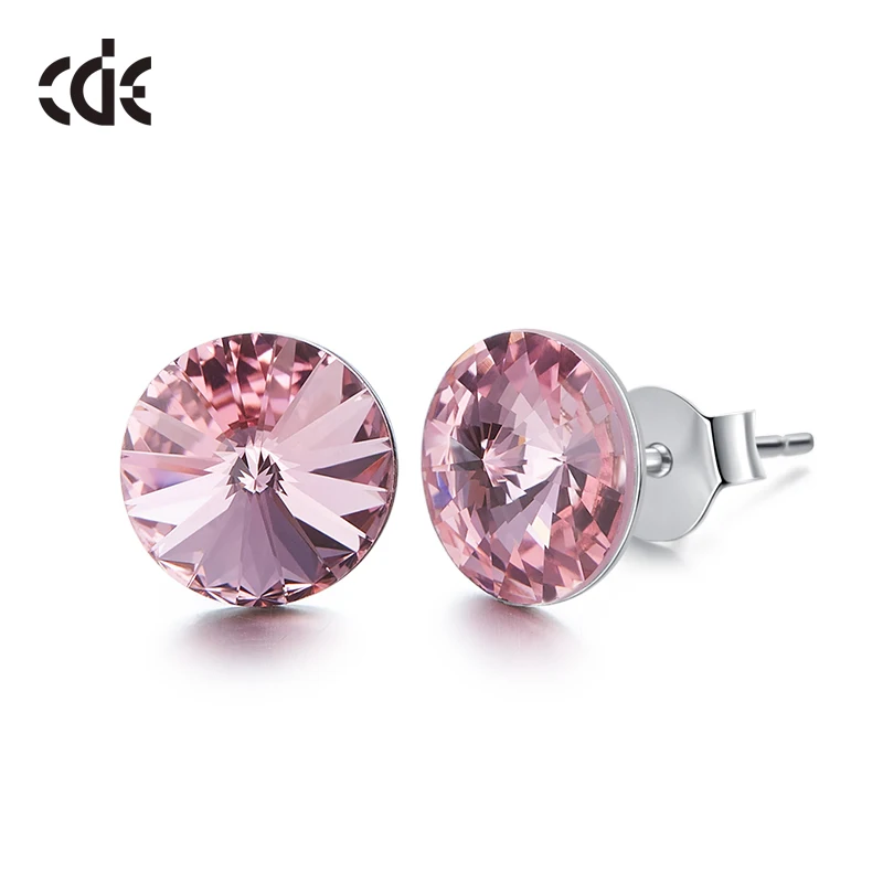 Light pink CDE 925 пробы серебряные серьги, украшенные кристаллами Swarovski, круглые геометрические серьги-гвоздики, женские подарочные украшения для ушей - Цвет камня: Light pink