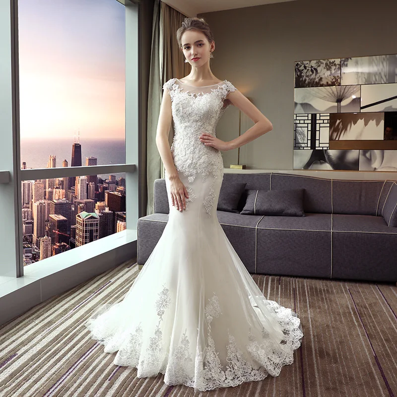 Vestido De Noiva 2021 свадебное платье с круглым вырезом и шлейфом роскошное кружевное