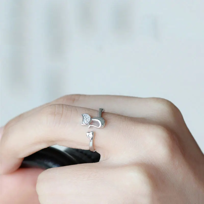 Женское кольцо из серебра 100% пробы с фианитом регулируемого размера|silver cat ring|cat