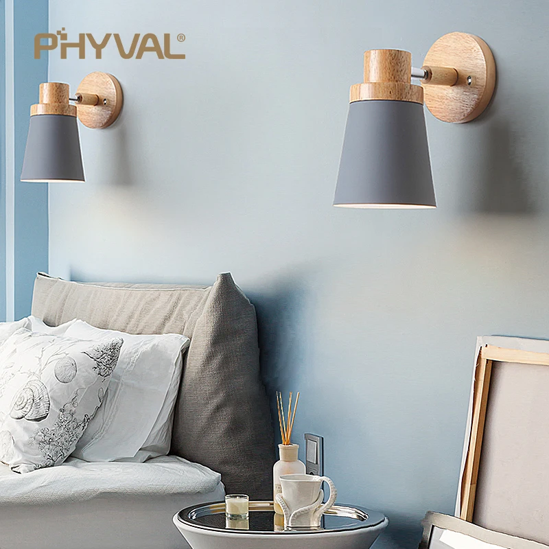 wooden wall lights bedside lamp sconce modern light for bedroom Nordic macaroon 6 color steering head E27 85-285V | Лампы и освещение