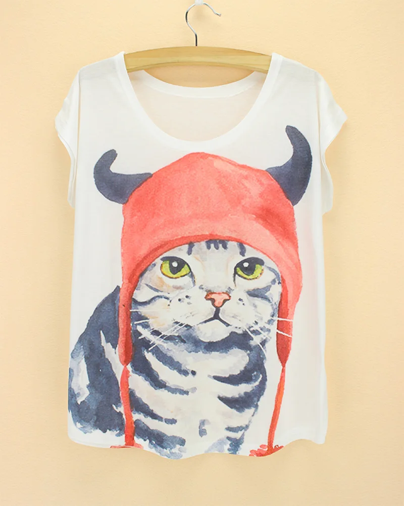 Женская футболка с коротким рукавом красная шляпа принтом в виде кошек 2015|clothing