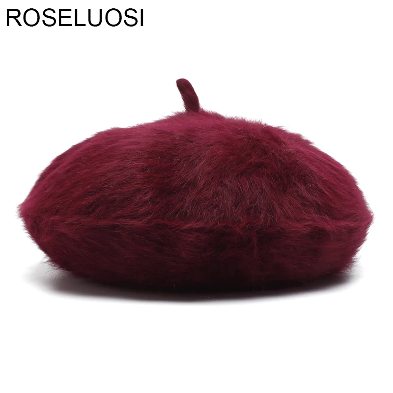 Женский вязаный берет ROSELUOSI из кроличьего меха шапки 2017 Повседневная однотонная