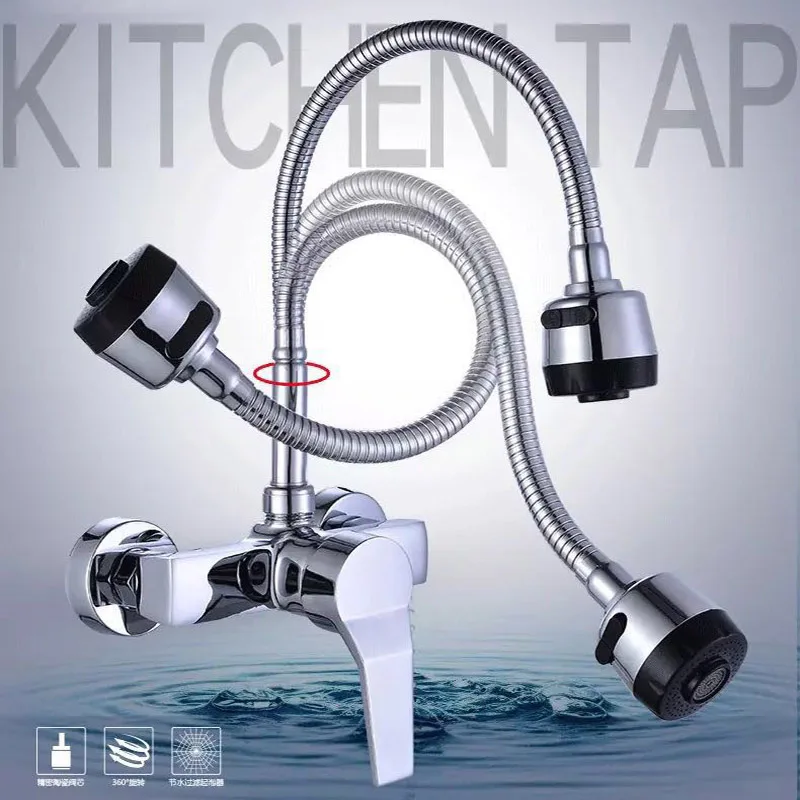 wall mounted stream sprayer kitchen faucet single handle chrome flexible hose kitchen mixer taps dual holes free shipping free global shipping