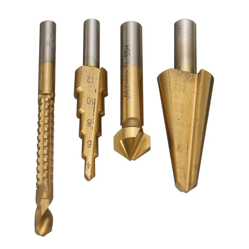 

New Arrival Best 4PCS HSS Titanium Coated Saw Hole Reamer Chamfer Cutter Bit Woodworking Umbrella Drill Bit Step Cone Drilling