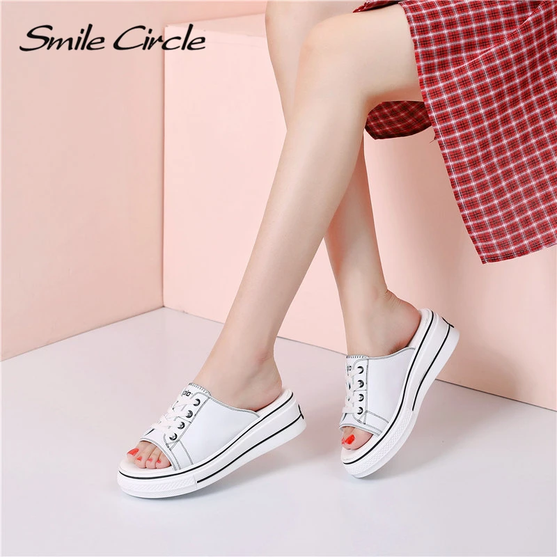 Женские шлепанцы Smile Circle летние уличные Шлепанцы из натуральной кожи на плоской