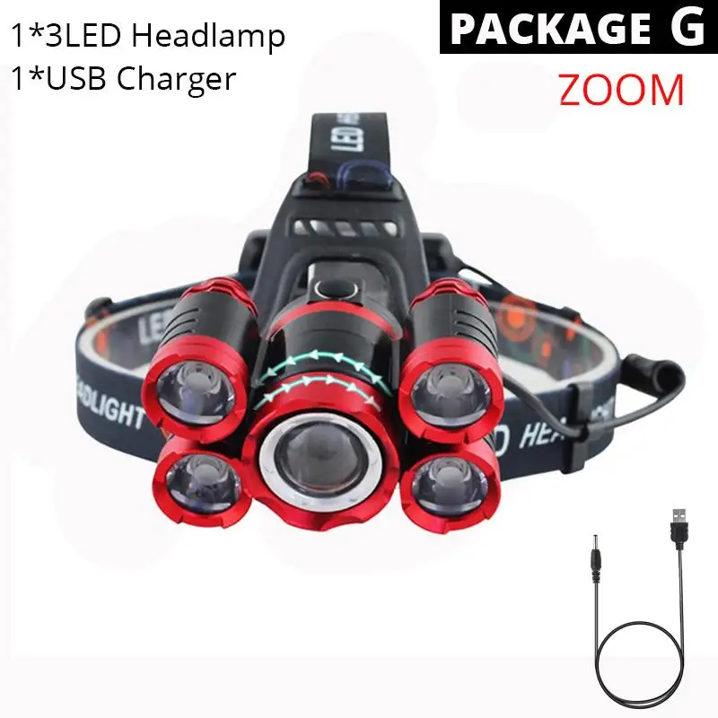 Package G XM-T6x3 светодиодный фонарик с зумом, 5 светодиодный фонарь для кемпинга, рыбалки, налобный фонарь, 2*18650 аккумулятор/AC/Car/Usb/зарядка - Emitting Color: Package G