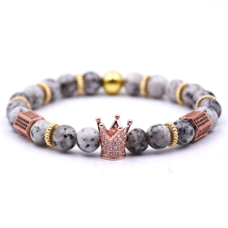 

High Quality Natural Stone Bead Bracelet Men's Micro Inlaid Zircon Crown Bracelet Men And Women Distance Beads Bracelet Gift