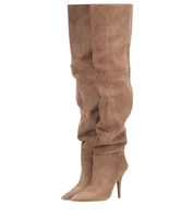 knee high boots women pleated boots shoes thin high heels khaki suede long boots winter autumn fashion boot size 35 42