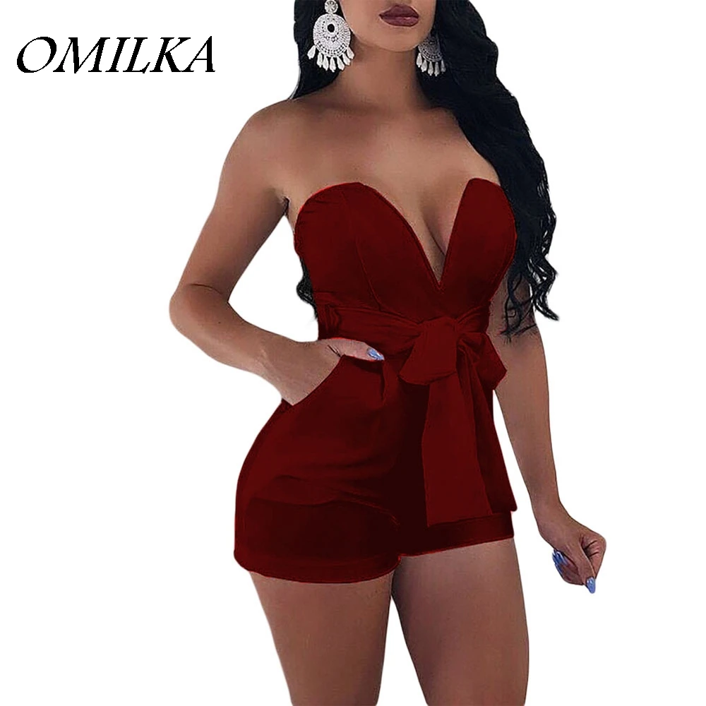 

OMILKA 2018 летние женские облегающие комбинезоны без бретелек с v-образным вырезом, сексуальные черные, синие, белые, красные Клубные вечерние о...