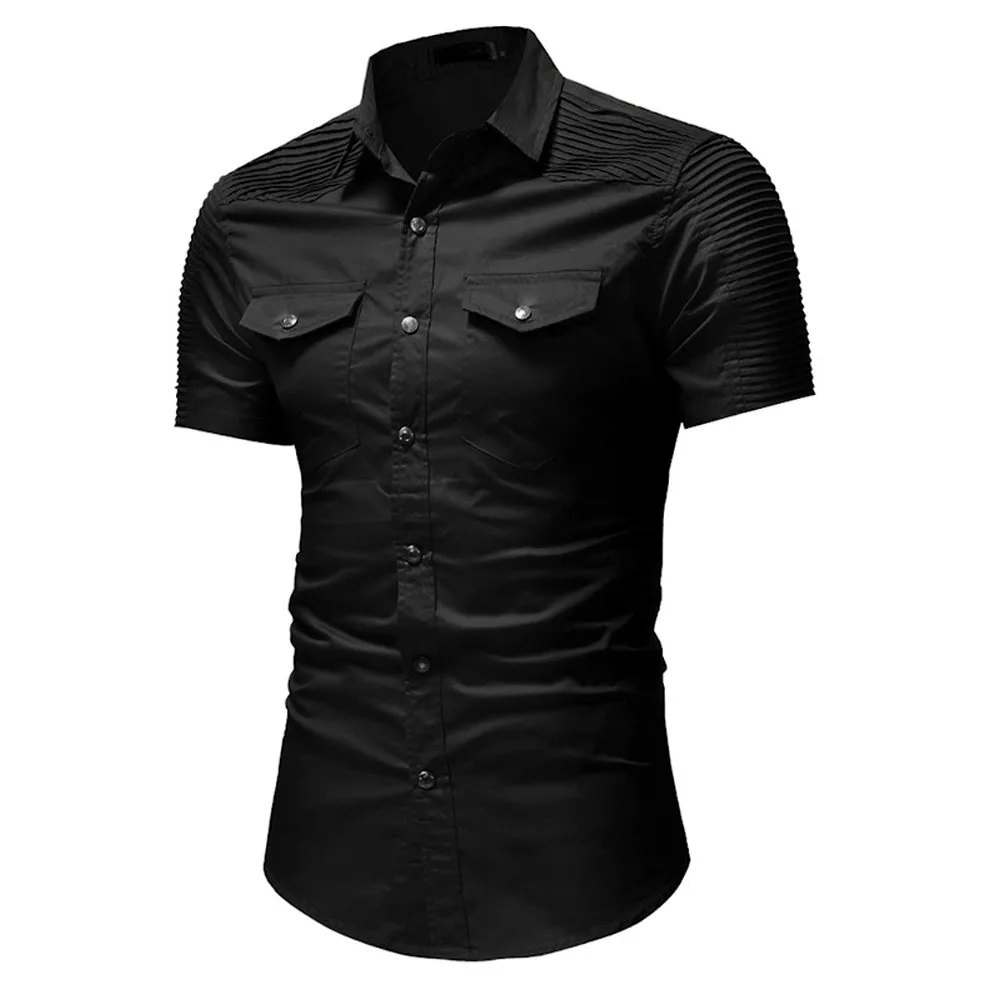 

Cotton Camisas Masculina Slim Fit Button Shirt Pocket Short Sleeve Solid Color Tops Blouse Men Clothes Casual Summer 2019 Beach