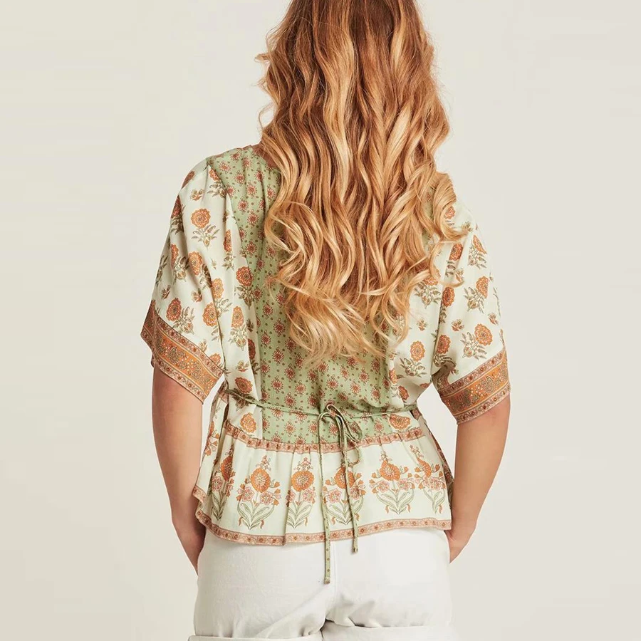 Блузка TEELYNN boho Женская летняя блузка с коротким рукавом и цветочным принтом