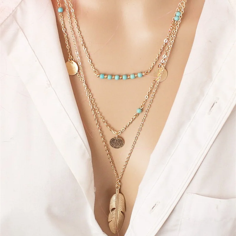 Женское многослойное ожерелье M MISM Трендовое колье чокер с перьями из серебра и