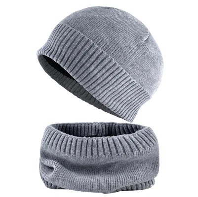 Gray2 Set Шапка зимняя Мужская теплая шапка сплошной цвет вязаная шапка и шарф для женщин добавить бархат вязание унисекс шапки Установить - Цвет: Gray2 Set