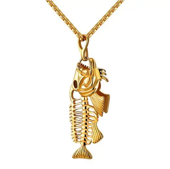 100PCS Hollow White Black Golden Jewelry Unique Fish Bone Pendant 22 &quotNecklace 316L Stainless Steel Punk Personality | Украшения и