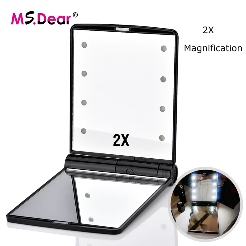 

2X Magnifying LED Touch Screen Makeup Mirror Cosmetic Folding Portable Compact Pocket Travel 8 LED Lights 2 Side Makeup Tools