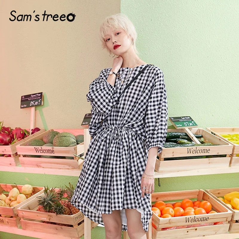 Samstree, клетчатое женское платье-рубашка, дизайн размера плюс, винтажные платья,, длинные, более размера, нестандартные, офисные, для девушек, высокие, низкие, Vestidos